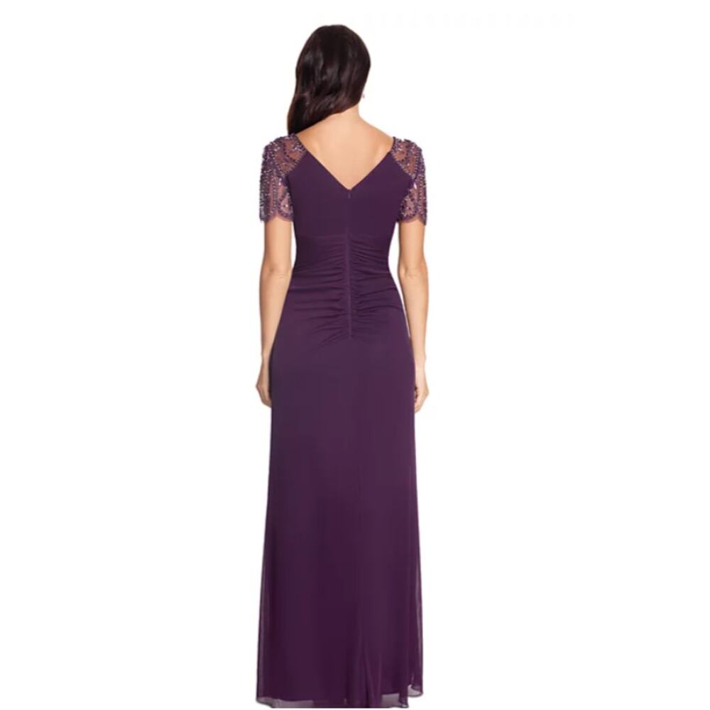 Xscape Evening Dress Plum Lace Draped Formal Beaded Flutter Sleeves Size 16 NWT - Picture 2 of 10